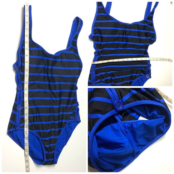 DKNY MAILLOT SWIM SUIT D25296 
one piece black blue stripe button sides - Picture 9 of 17
